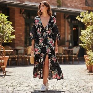 LIFE Love Is For Eternity Black Floral Kimono Swim Topper Large Boho Duster